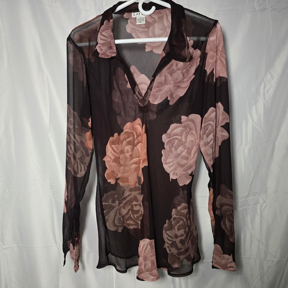 K.A.S. Sport Womens XL Sheer Mesh Floral Long Sleeve coquette whimsy goth dainty